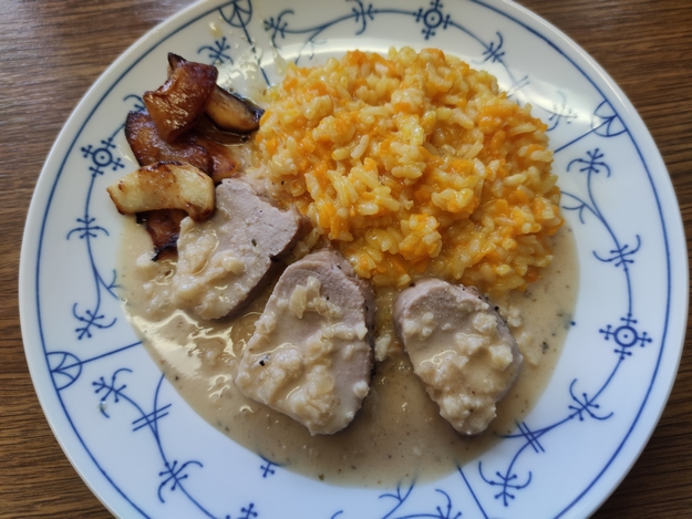 Schweinelende in Calvadosrahm mit Kürbisrisotto